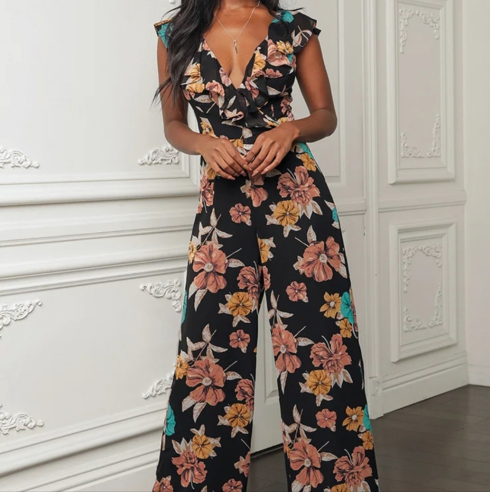 Black Floral Print Ruffled Lace-Up Jumpsuit
